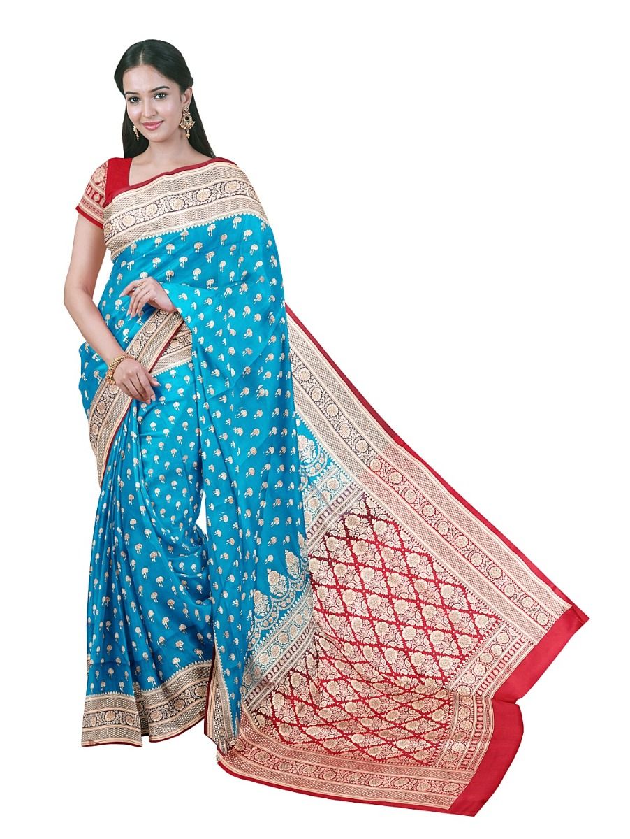 BlossomEase Semi Banarasi Floral Butta with Red Floral Pallu Saree