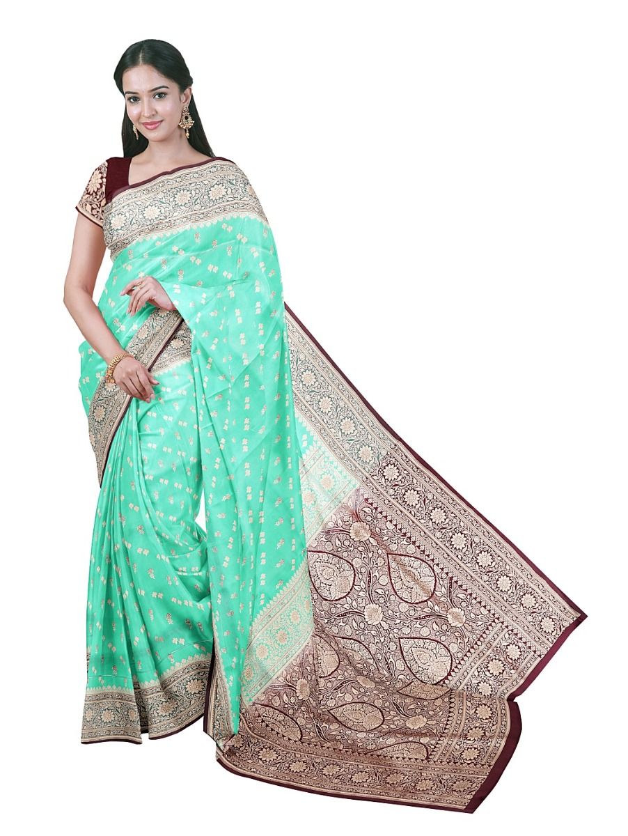 BlossomEase Semi Banarasi Floral Butta with Maroon Jaal Pallu Saree