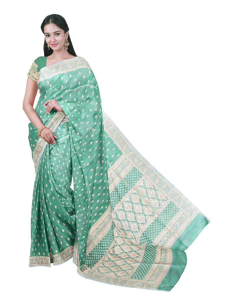 BlossomEase Semi Banarasi Leaf Butta with Floral Panel Pallu Saree