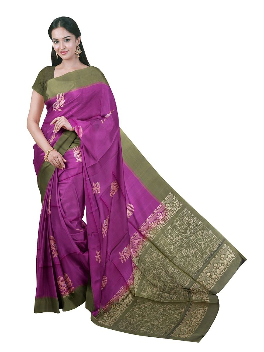 Gracecharm Soft Silk Floral Sun Butta with Geometric Grid Pallu Saree