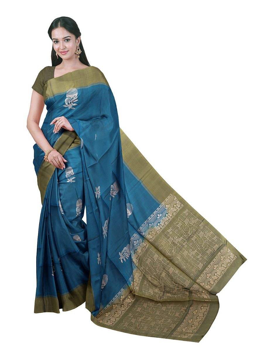 Gracecharm Soft Silk Floral Sun Butta with Geometric Grid Pallu Saree