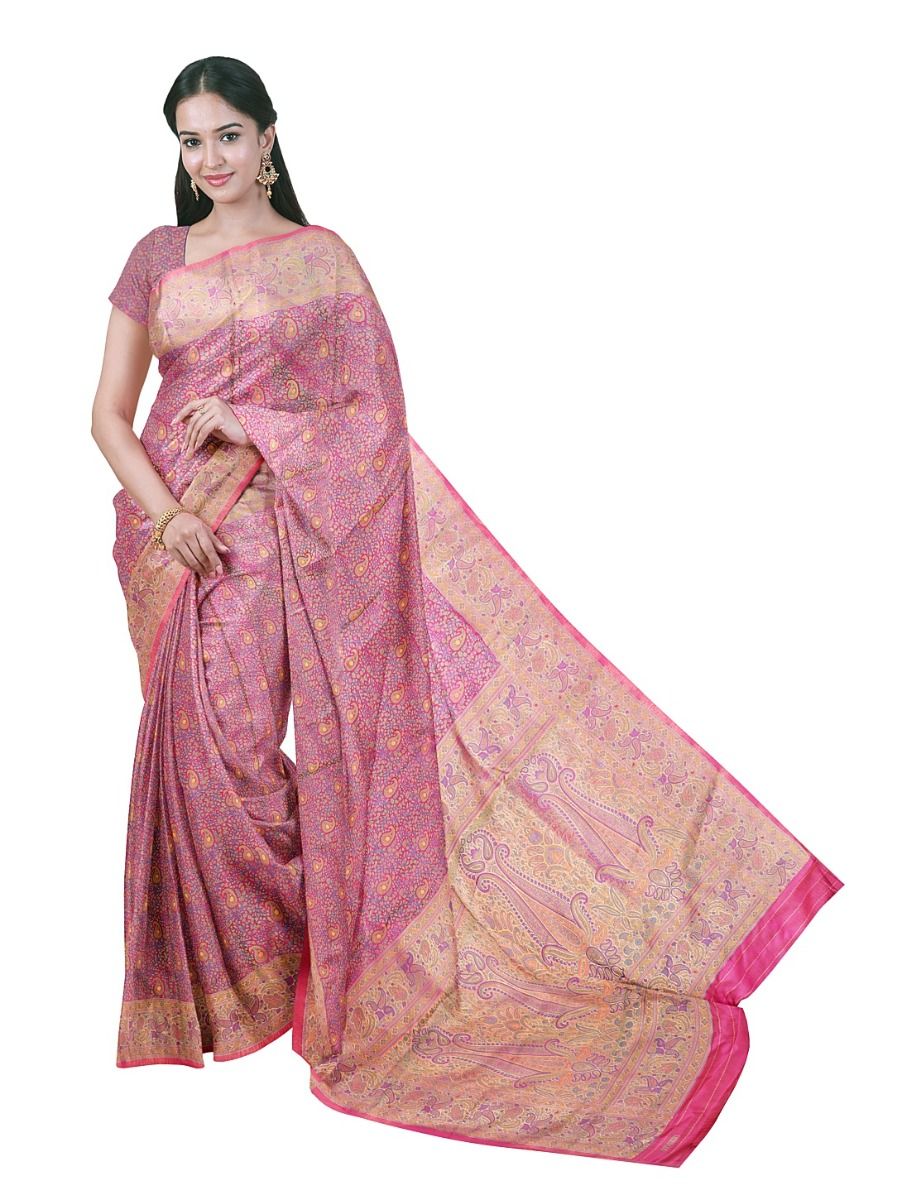 BlossomEase Semi Banarasi floral jaal layout With Paisley Design Border Saree