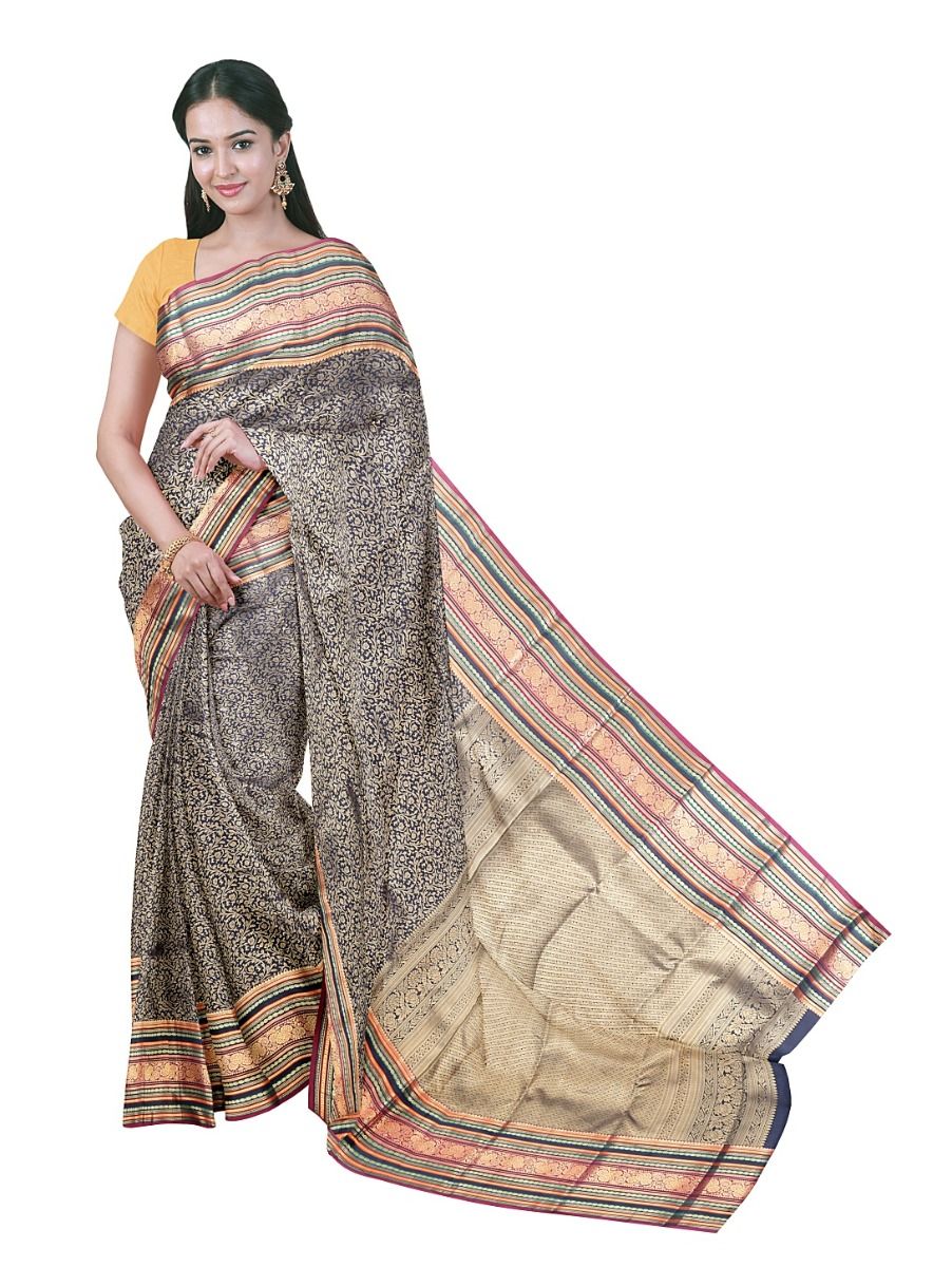 Gracecharm Navy Blue Art Soft Silk Floral Jaal Motif with Zari Border Saree
