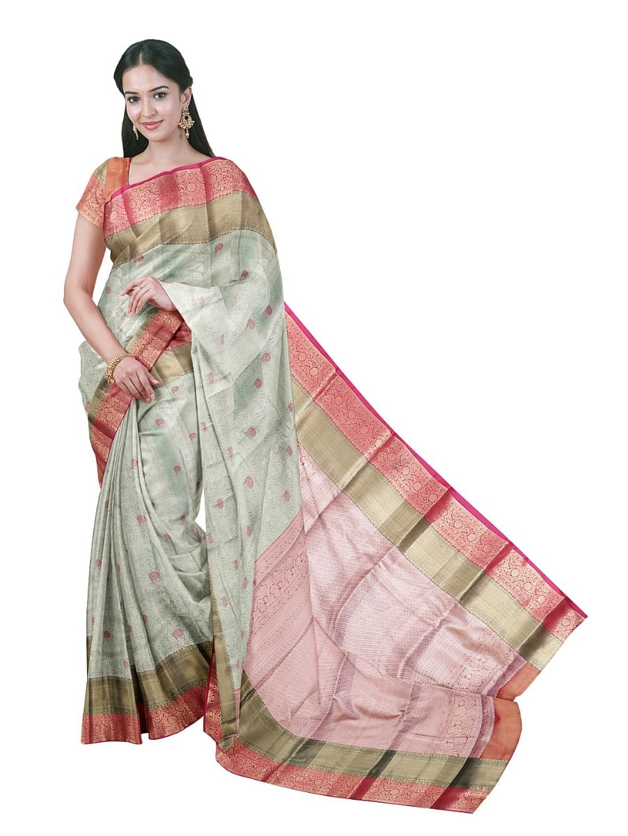 Gracecharm Light Pastel Green Tissue Soft Silk Floral Jaal Motif with Zari Border Saree