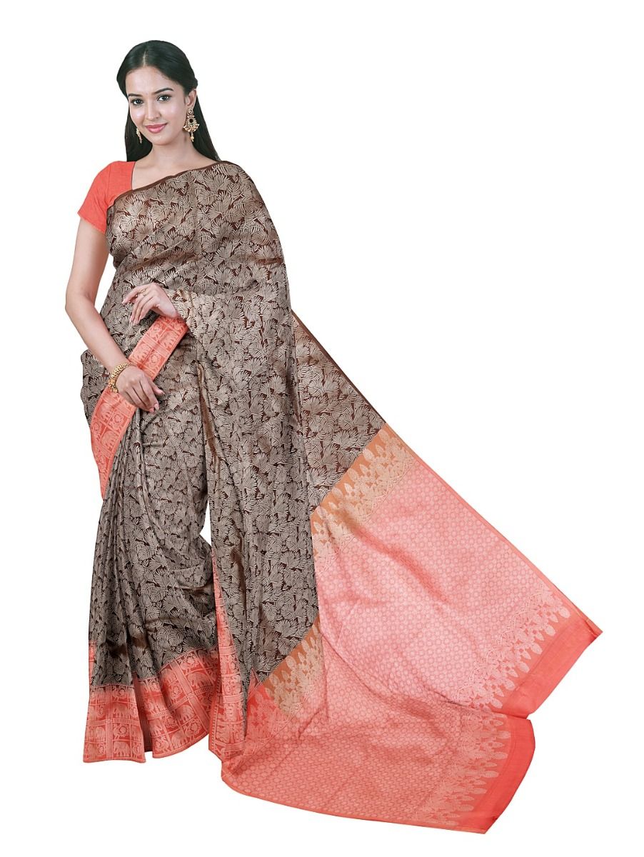 Gracecharm Gift Art Silk Leaf Loral Vine Pattern Elephant And Peacock Motifs In Border Saree