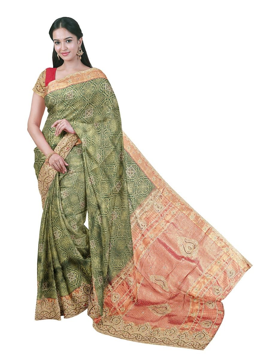 Gracecharm Deep Moss Green Silk scalloped Designer cut work With gold Zari Jaal Saree