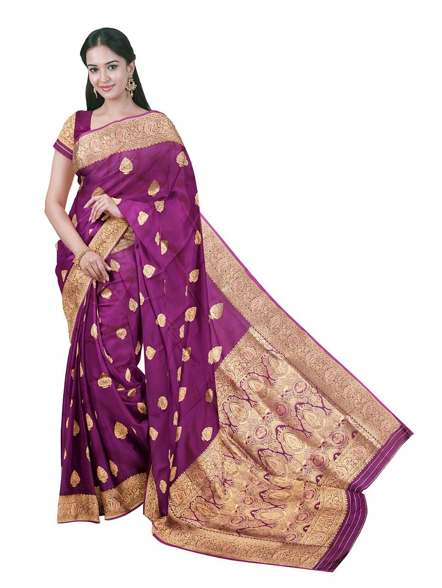 BlossomEase Semi Banarasi Wine Purple floral motifs with antique zari Border Saree