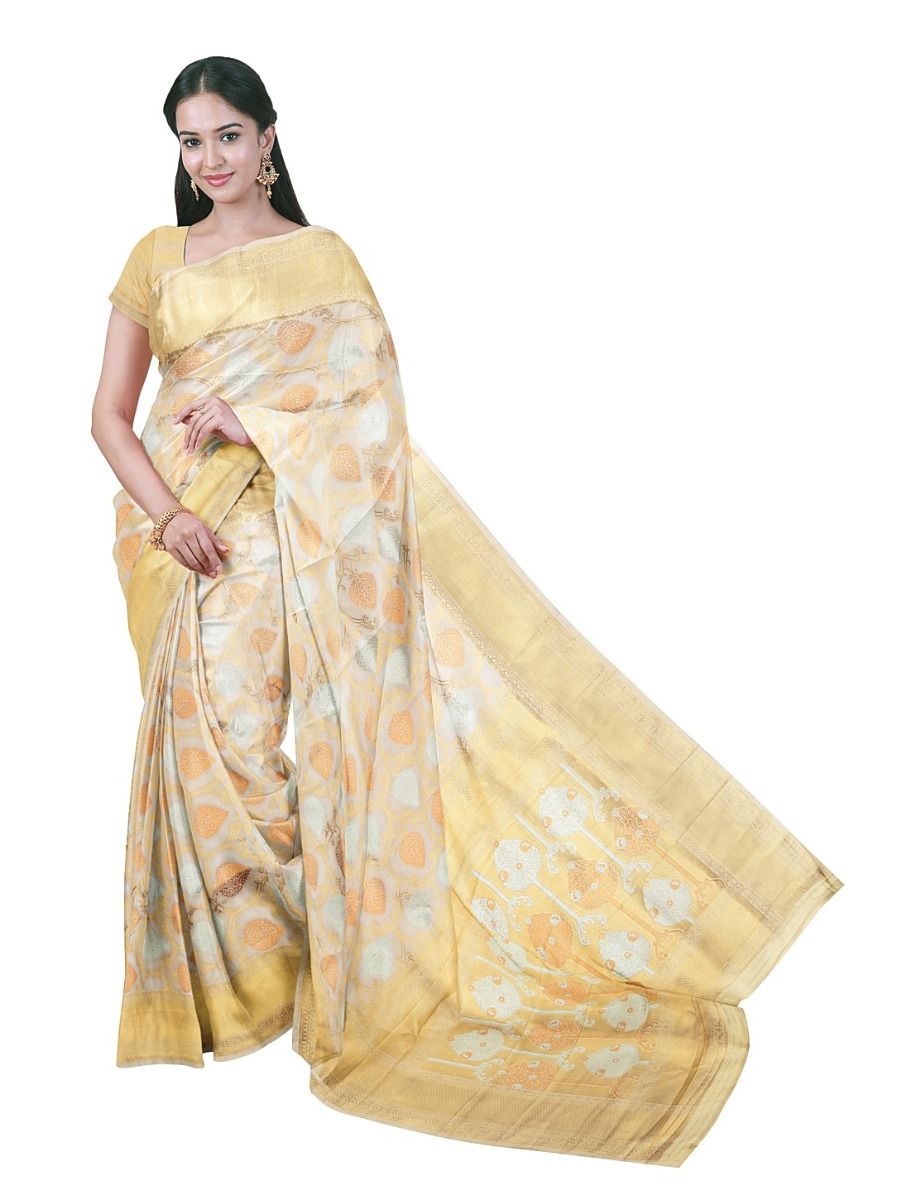 BlossomEase Semi Banarasi Floral lattice pattern with gold thread Border Saree