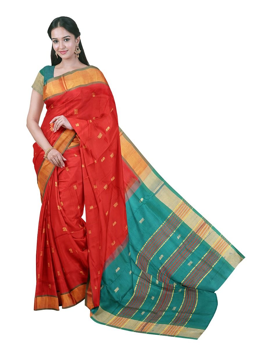 Gracecharm Elegant Bright Red Silk Cotton Plain with Border Saree