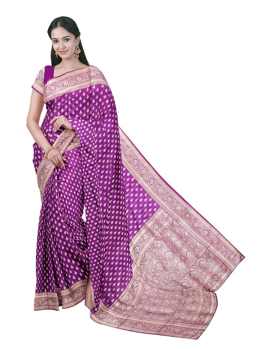 BlossomEase Semi Banarasi Floral Butta with Orchid Purple Jaal Pallu Saree